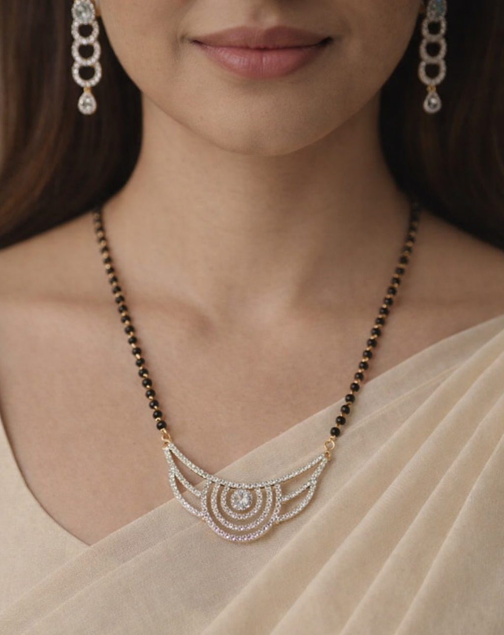 Curved Swirl Diamond-Style Mangalsutra with Black Bead Chain & Long Drop Earrings