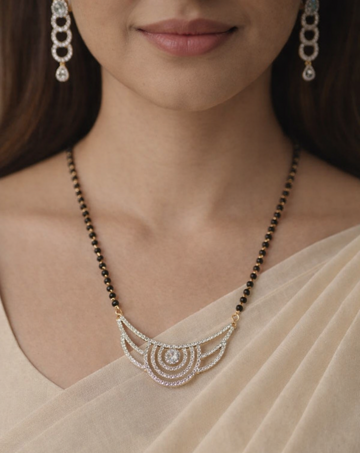 Curved Swirl Diamond-Style Mangalsutra with Black Bead Chain & Long Drop Earrings