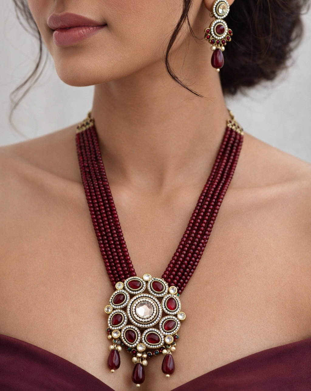 Maroon Beaded Long Necklace Set with Pendant & Earrings