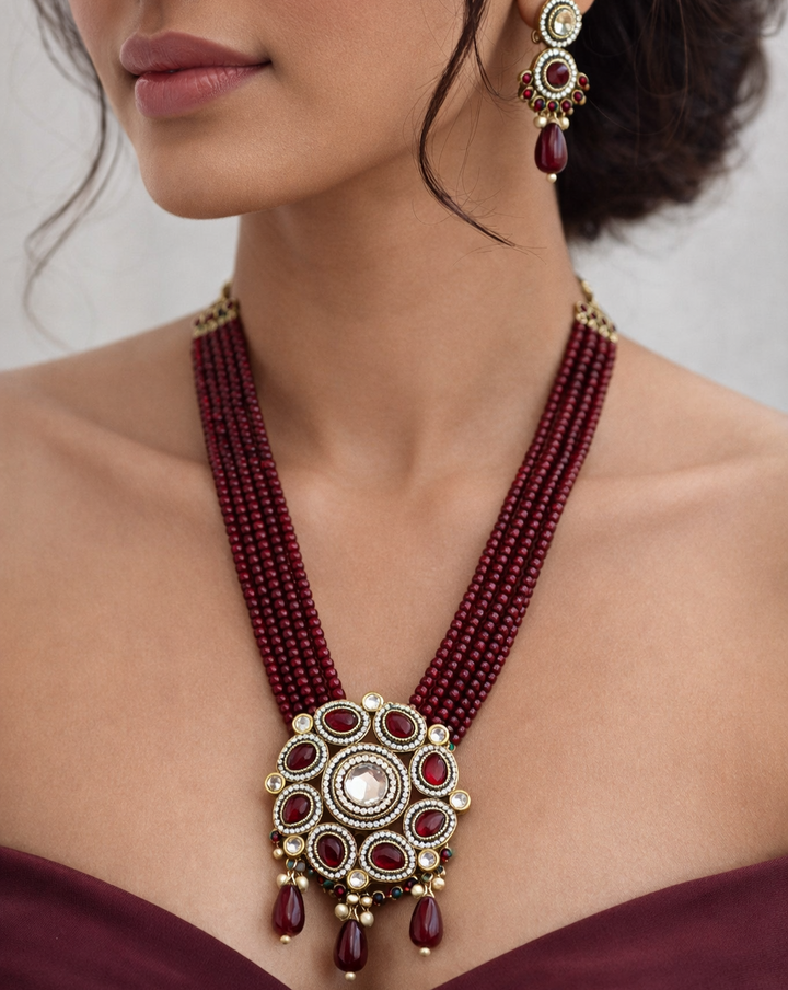 Maroon Beaded Long Necklace Set with Pendant & Earrings