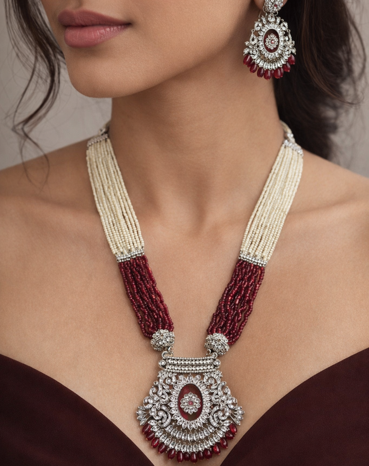 Pearl and Maroon Beaded Long Necklace Set with Earrings