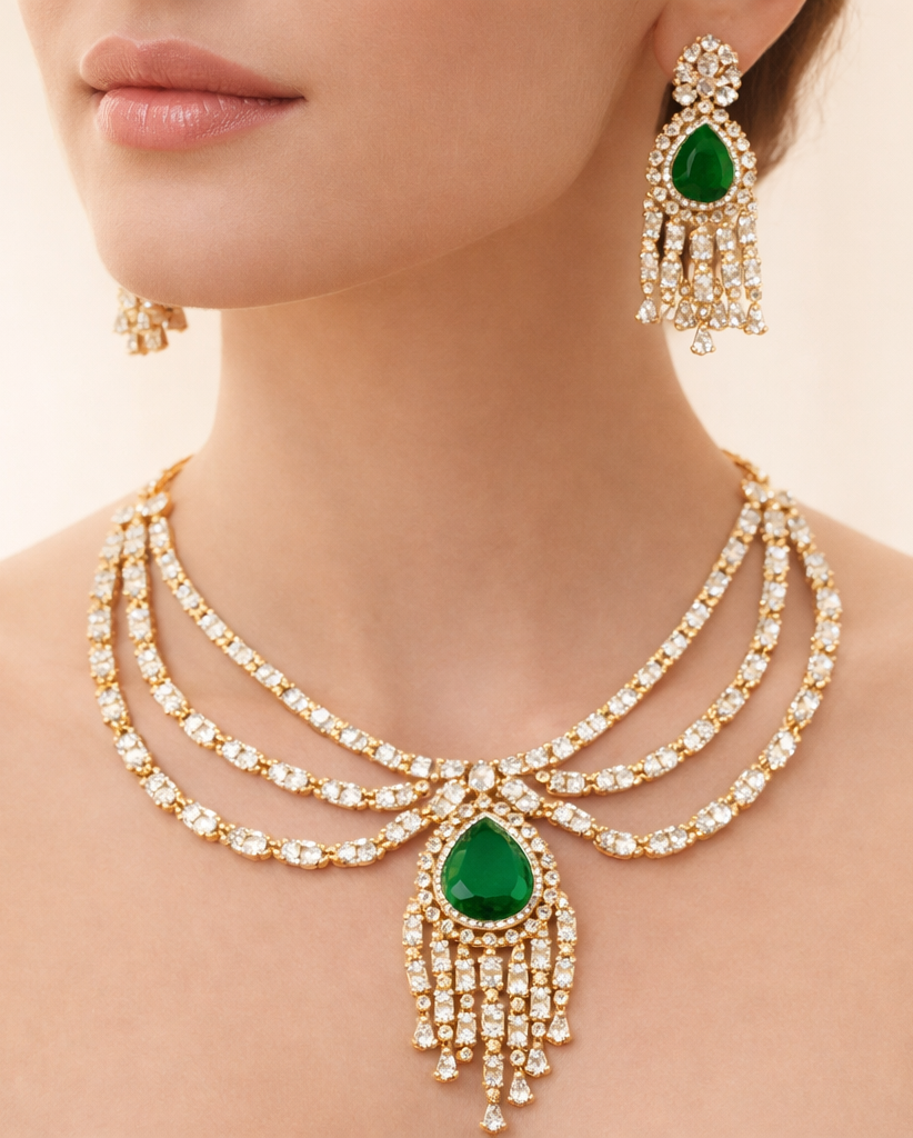 Gold Polish American Diamond Green Stone Layered Necklace Set