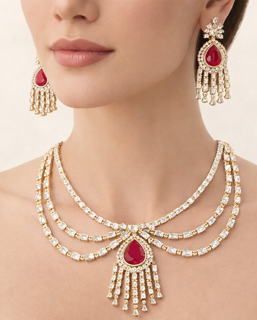 Gold Polish American Diamond Red Stone Layered Necklace Set