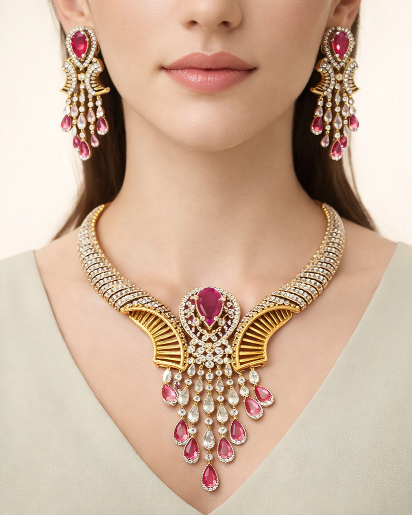 Gold Polish American Diamond Pink Stone Heavy Necklace Set