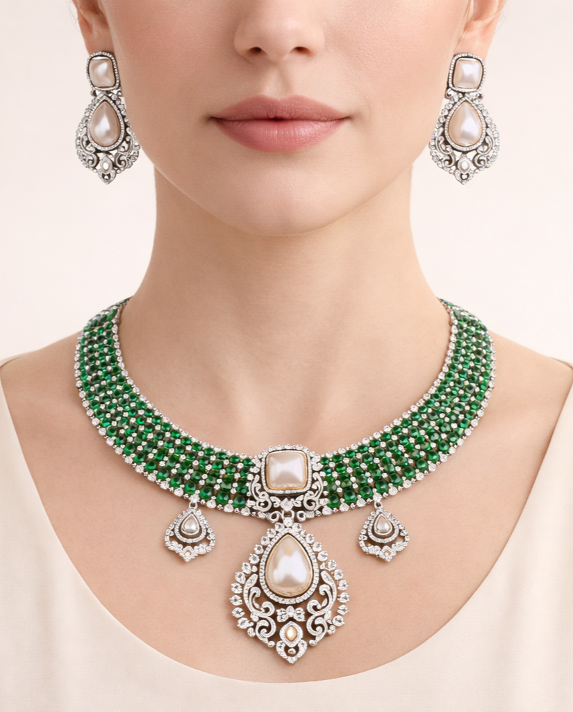 Green Stone American Diamond Pearl Choker Necklace Set