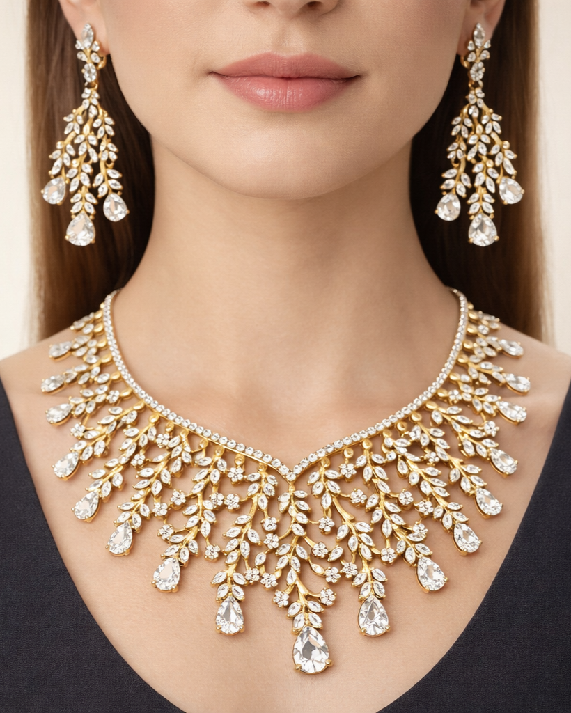 Gold Polish American Diamond Leaf Design Necklace Set