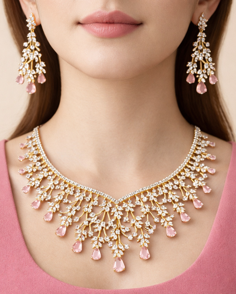Gold Polish American Diamond Pink Stone Leaf Design Necklace Set