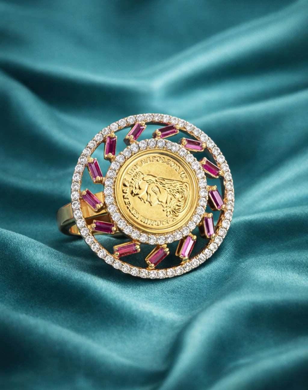 Adjustable Coin Design Statement Ring for Women – Gold & Ruby Finish