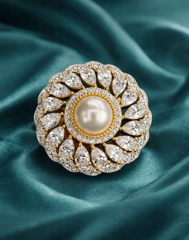 Pearl Halo Diamond Finish Adjustable Ring for Women