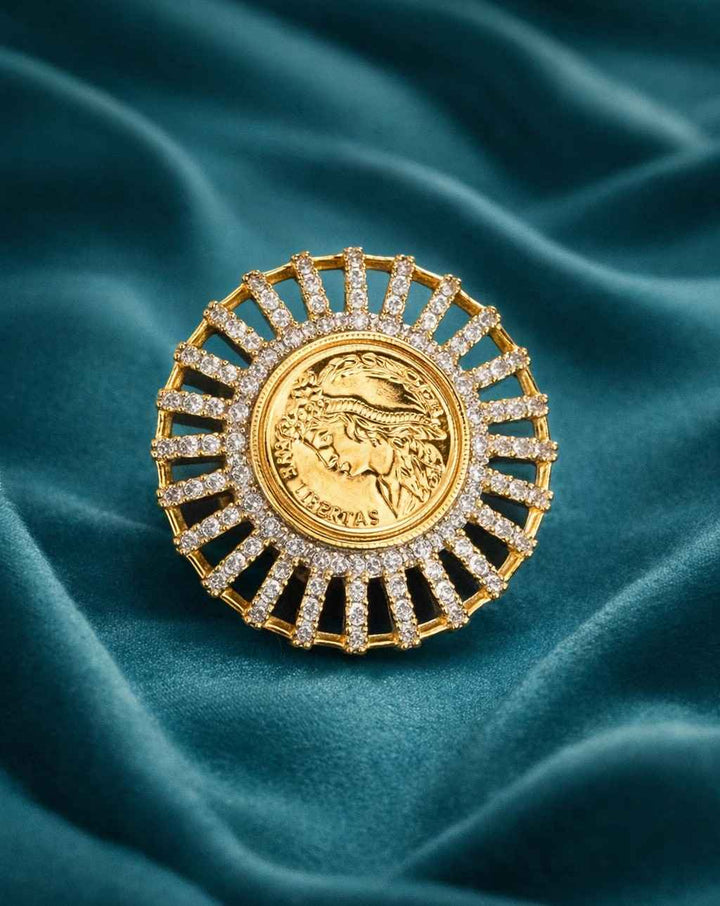Vintage Coin Medallion Diamond Finish Adjustable Ring for Women