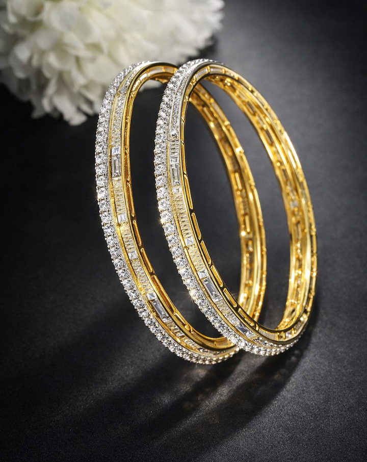 Dual Tone Diamond Finish Bangle Set for Women – Gold Polish with Baguette Detailing