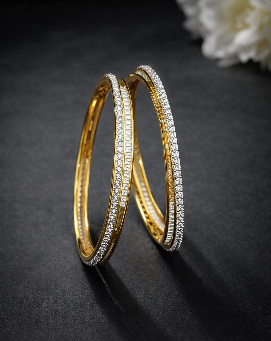 Dual Tone Diamond Finish Bangle Set for Women – Gold Polish with Baguette Detailing