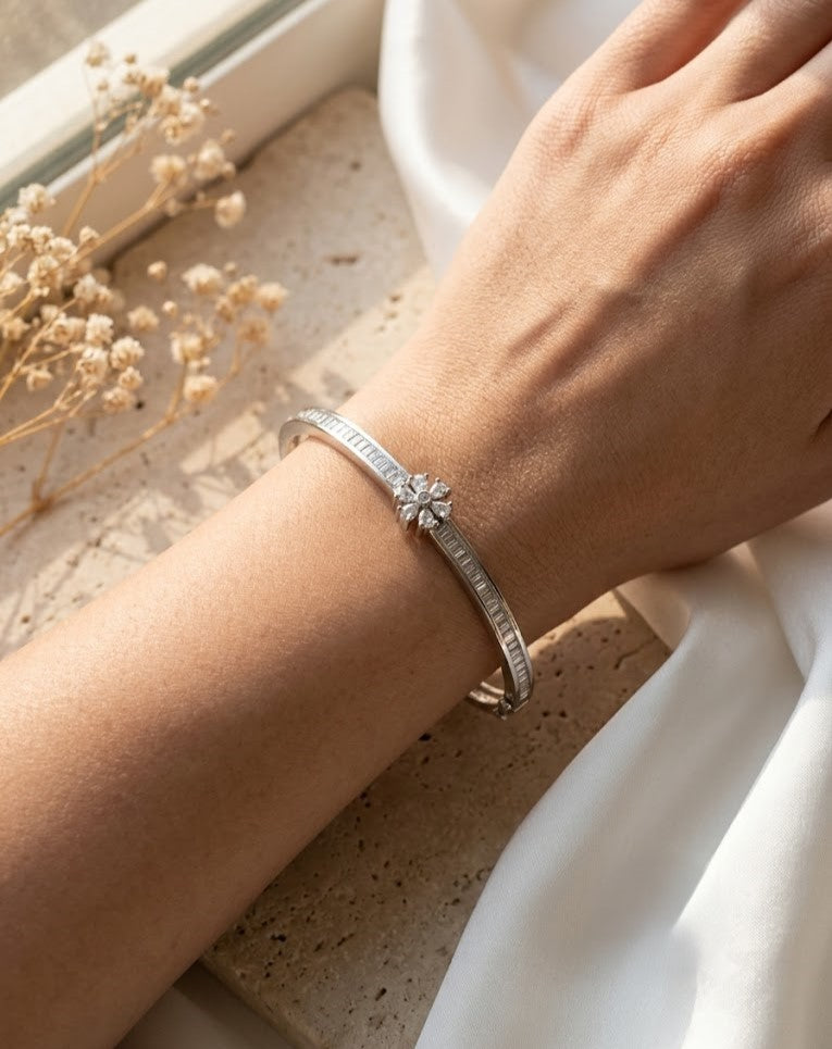 Elegant Openable Floral Diamond Bracelet for Women | Silver Polish American Diamond Kada | Size 2.4 & 2.6