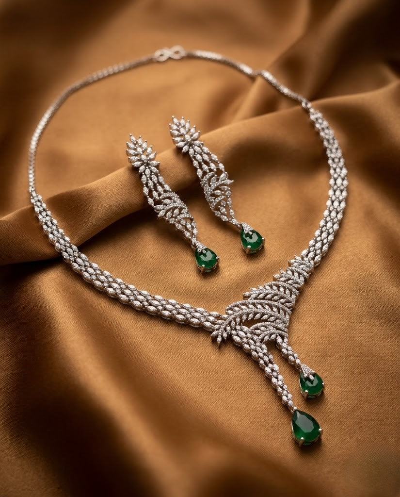 Meherza Emerald Real Look Diamond Necklace Set with Green Drop Earrings