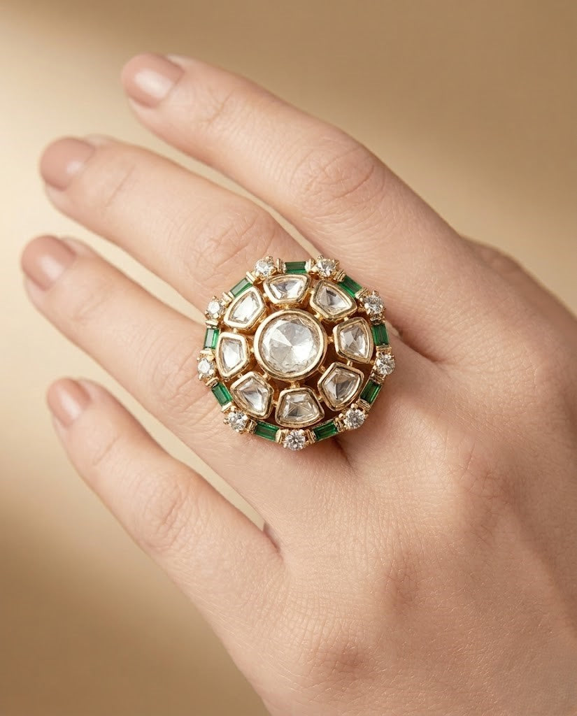 Meherza Kundan Ring for Women Gold Tone Adjustable Floral Statement Ring