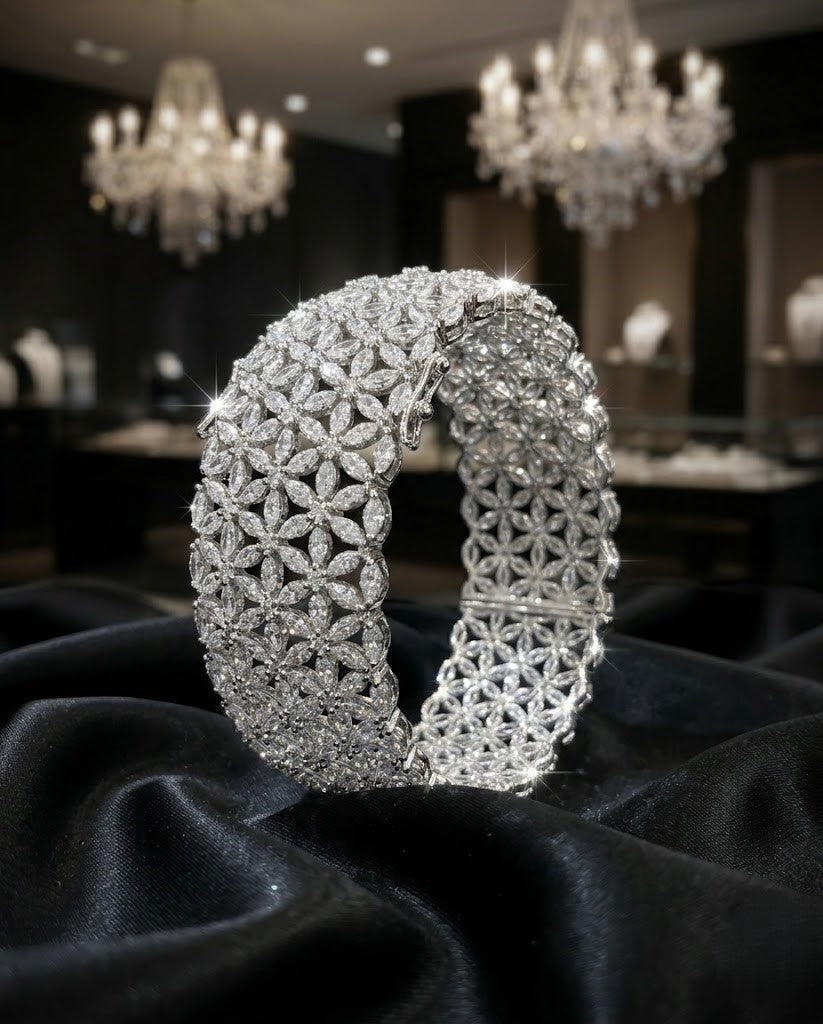 Openable Premium Floral Diamond Look Bracelet/ Bangle in Gold , Silver Tone 1 Hand Wearing Single Pcs