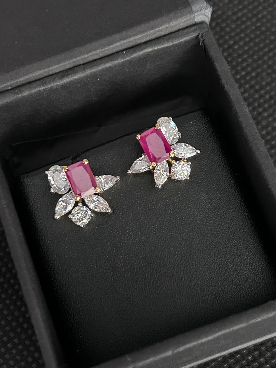 Velora Emerald-Cut Floral Stud Earrings – Blue, Green & Ruby