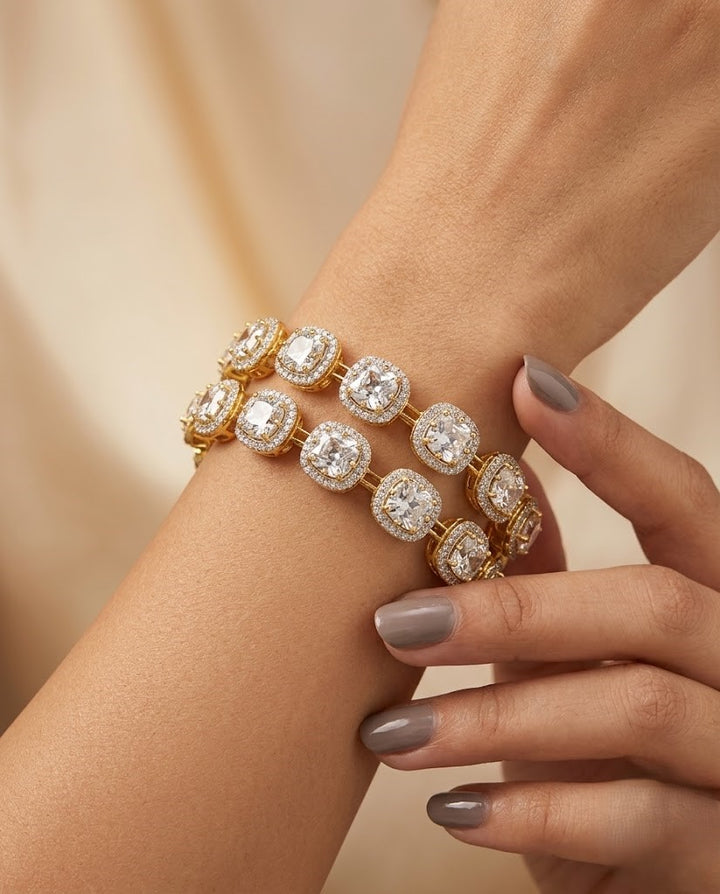 Gold Finish Diamond-Style Round Link Bangles – Pair