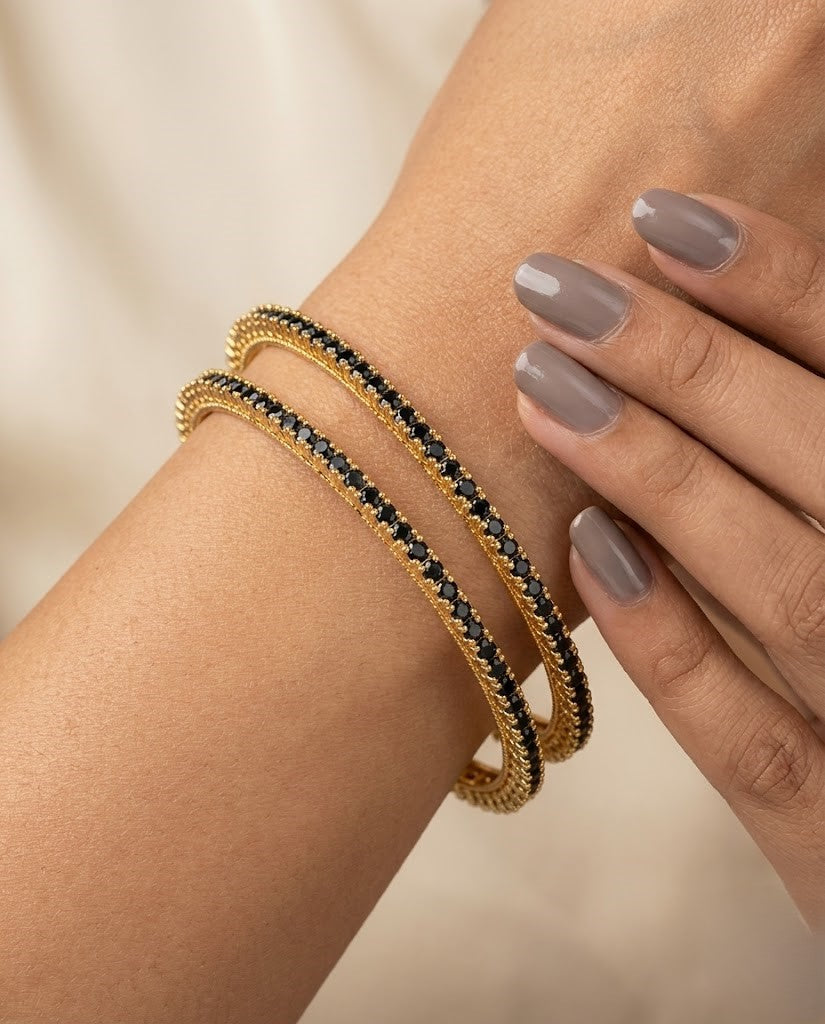 Sapphire Stone Bangles Pair Gold Tone Slim Design