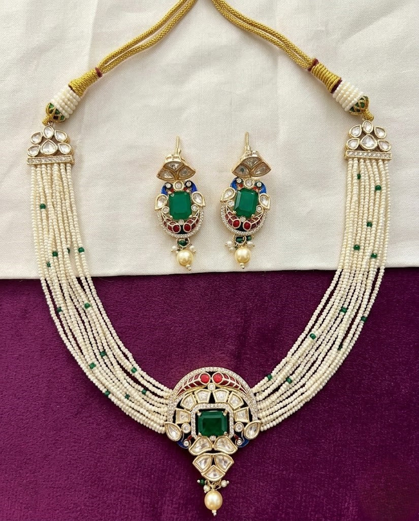 Kundan Pearl Choker Necklace Set Real Gold Tone with Ruby Red and Green Stone Detailing with Earrings