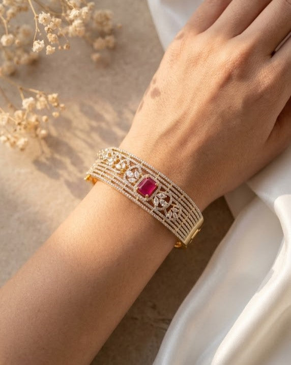 Royal Ruby, Emerald & Diamond White Statement Openable Gold Plated Bracelet ( 2.4 , 2.6 )