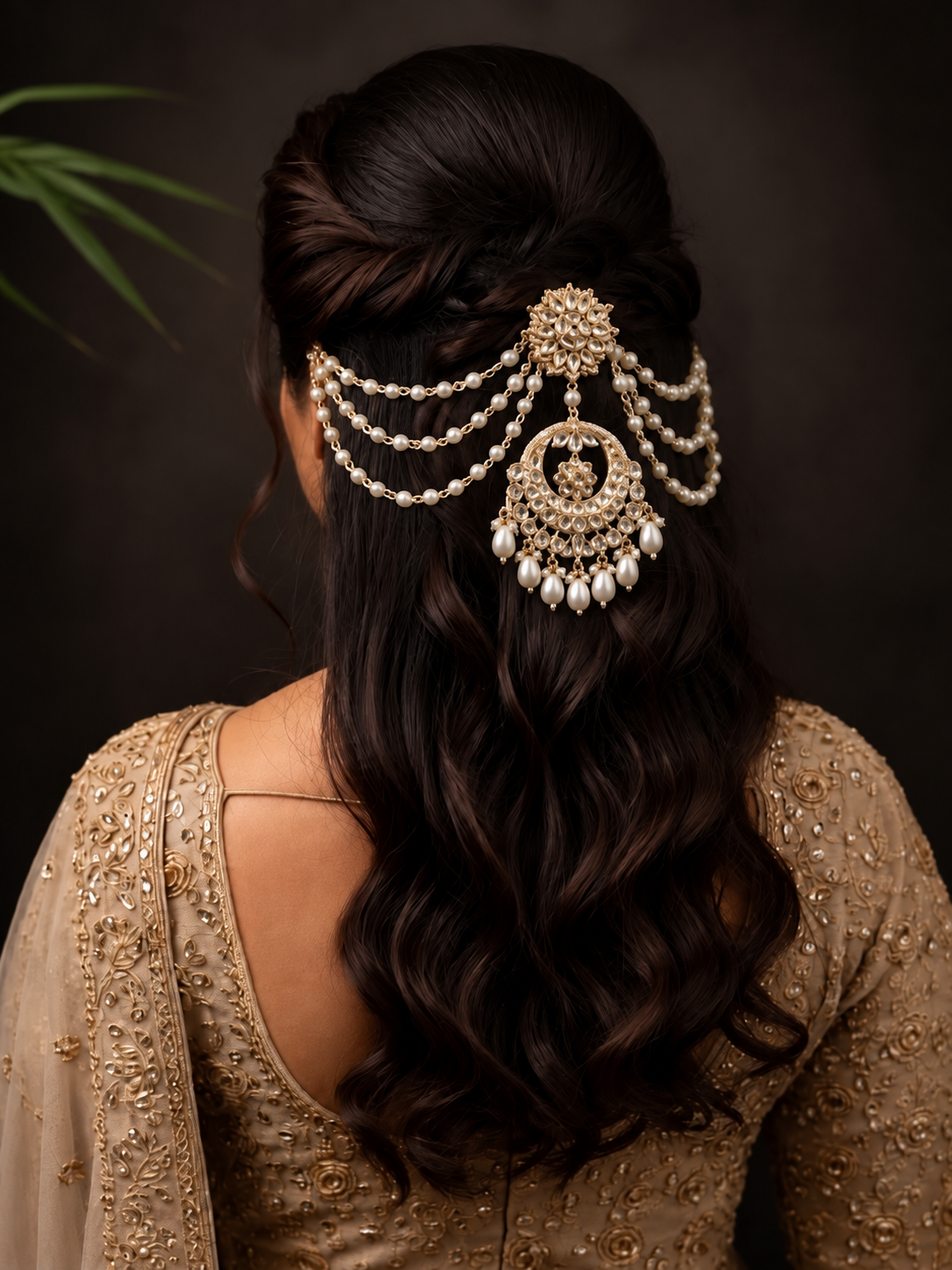 A woman shown from the back wearing an ornate gold and pearl hair accessory with dangling chains and a crescent-shaped pendant, styled with long dark wavy hair and a beige embellished outfit against a dark background.