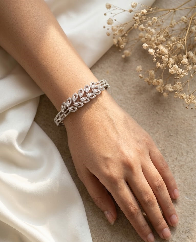 Silver Finish Diamond Leaf Design Bracelet for Women