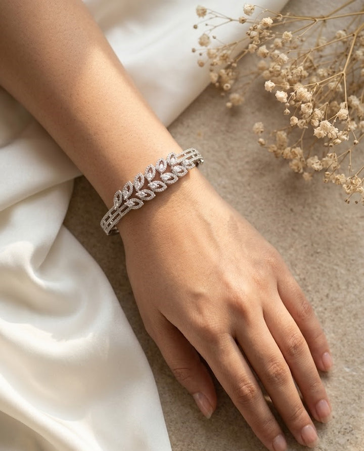Silver Finish Diamond Leaf Design Bracelet for Women