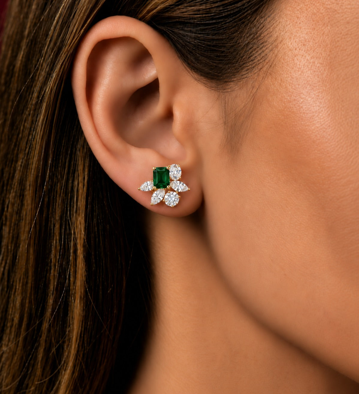 Velora Emerald-Cut Floral Stud Earrings – Blue, Green & Ruby