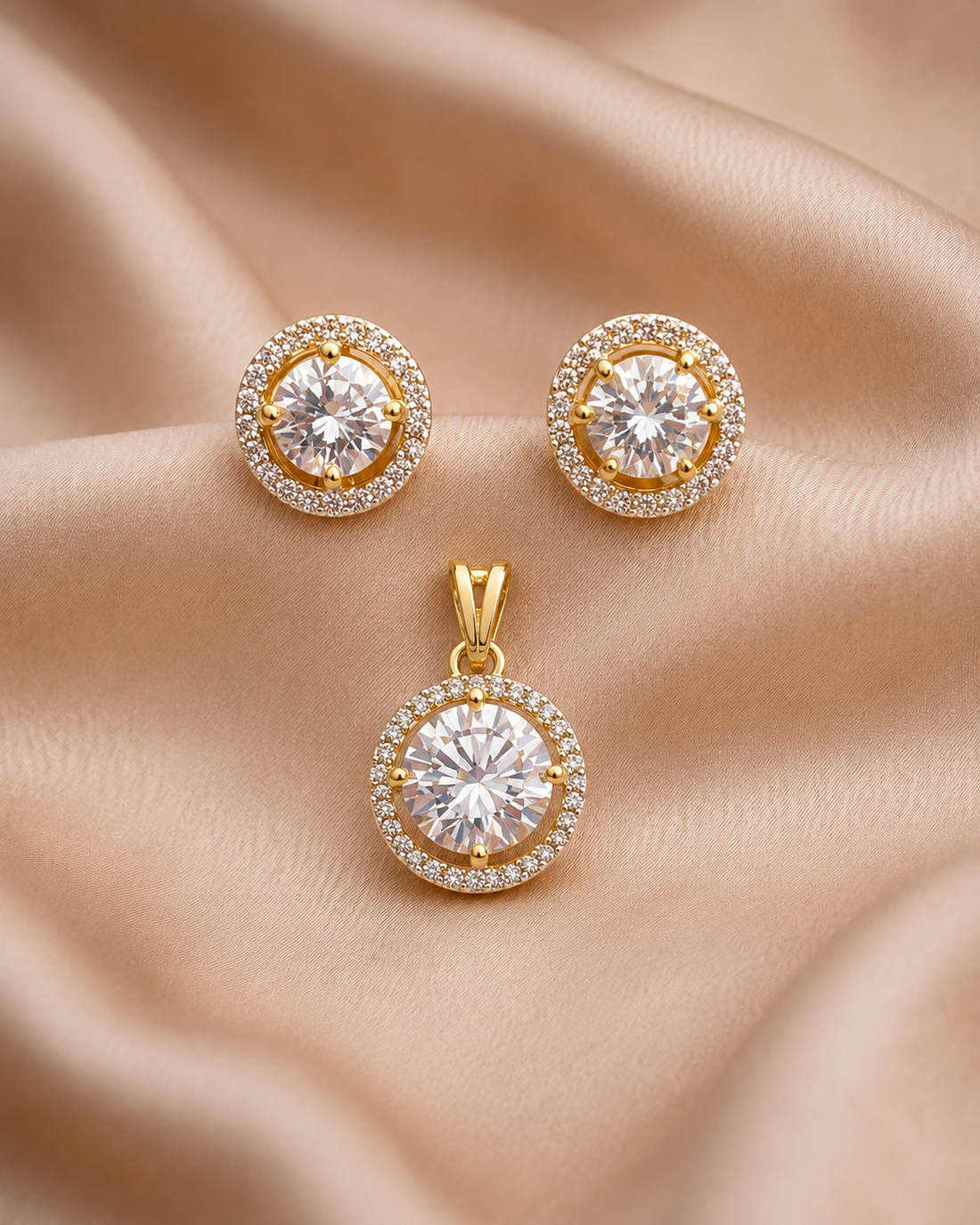 Round Halo Solitaire Pendant and Stud Earrings Set