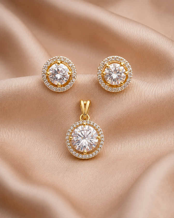 Round Halo Solitaire Pendant and Stud Earrings Set