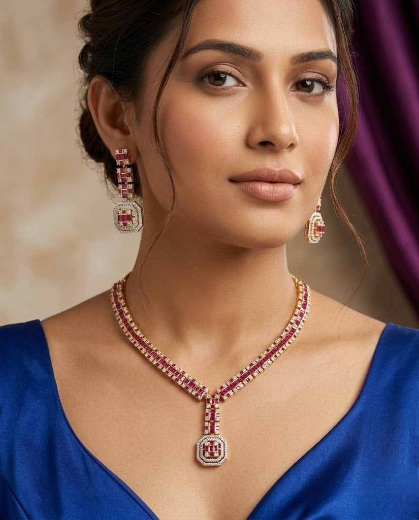 Panna Viraasat Green Stone Diamond Look Necklace Set with Earrings | Gold Tone Party Jewellery