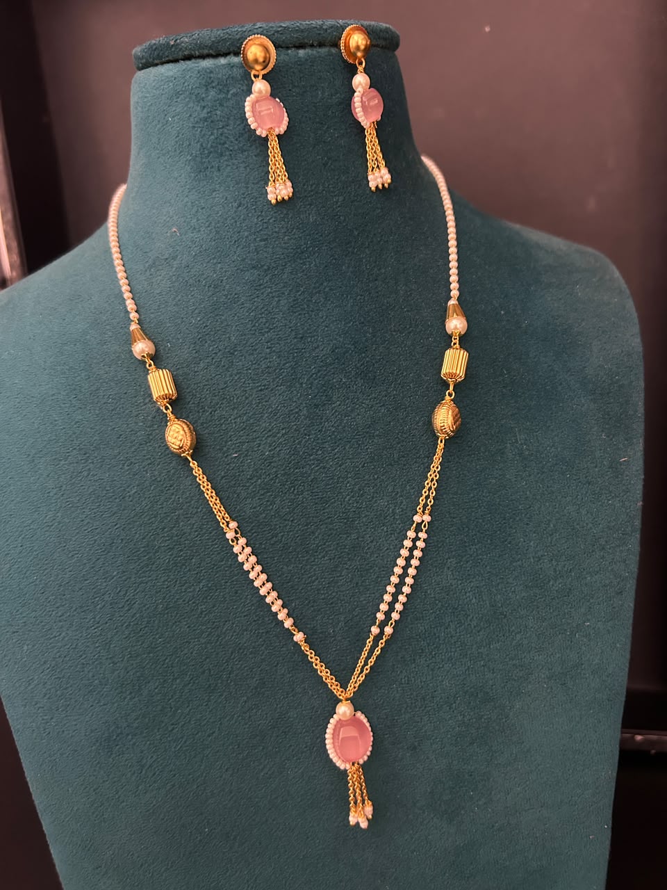 Elegant Pink Pearl Designer Mala Necklace Set with Matching Earrings