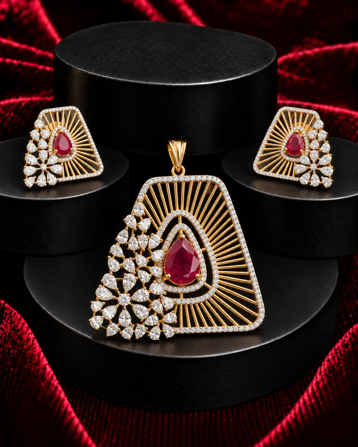 Premium Ruby Red Teardrop Designer Pendant Set in Gold Tone