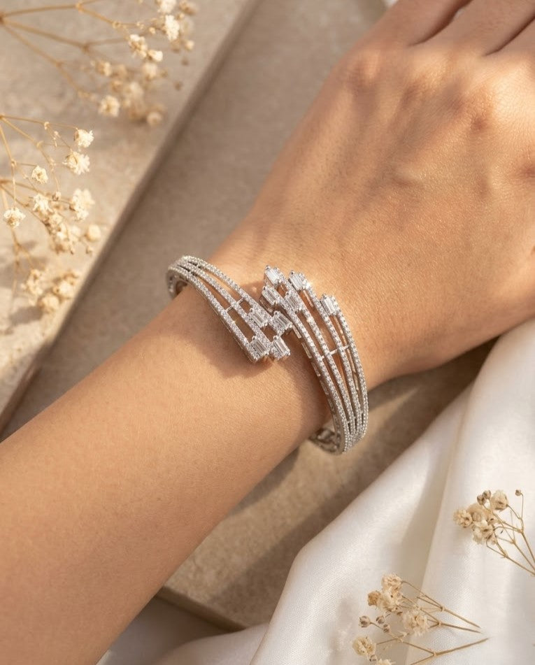 Multi Line Diamond Bracelet in Silver Polish | Openable Baguette Designer Bracelet for Women