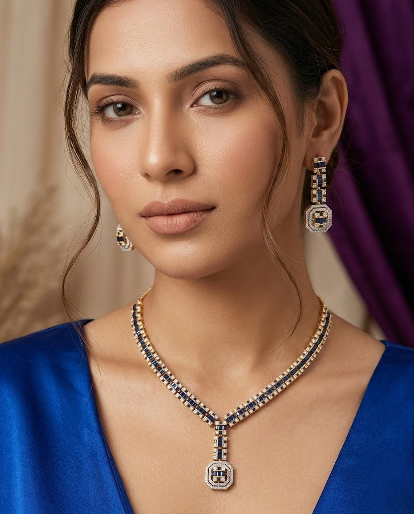 Panna Viraasat Green Stone Diamond Look Necklace Set with Earrings | Gold Tone Party Jewellery