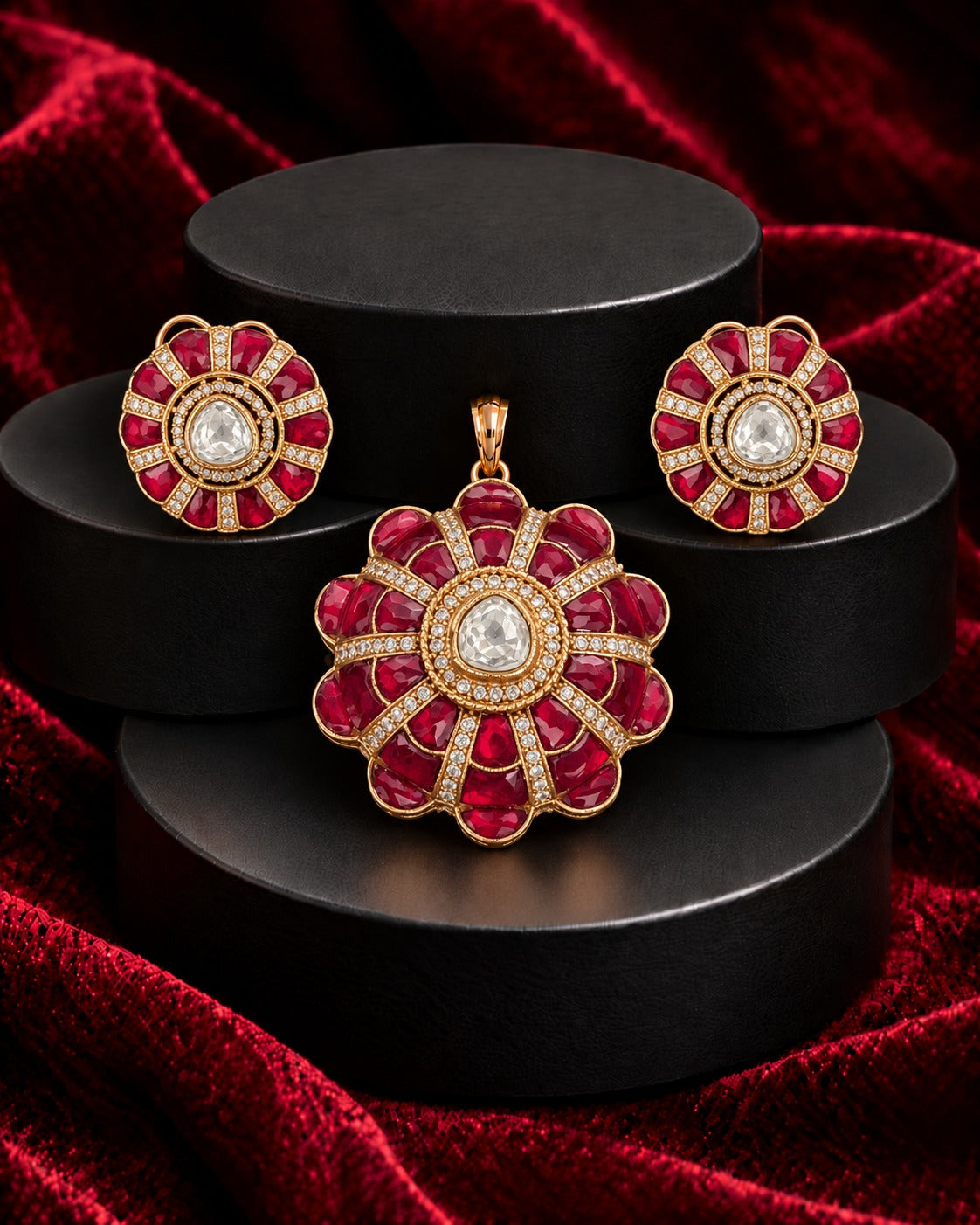 Ruby Floral Kundan Pendant Set