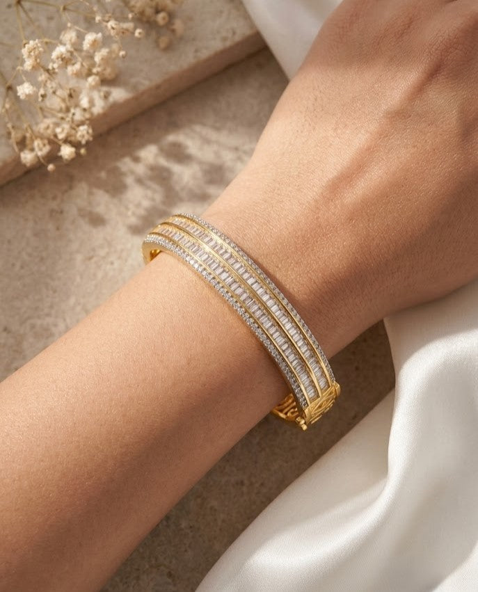 Luxury Openable Four Line Diamond Bracelet for Women | Gold Polish American Diamond Kada | Size 2.4 & 2.6