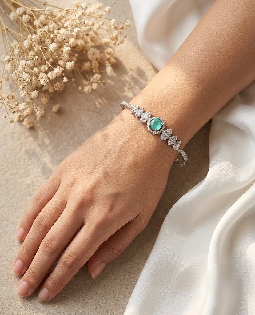 Turquoise Stone Openable AD Bracelet in Silver Polish | Designer Party Wear Kada for Women