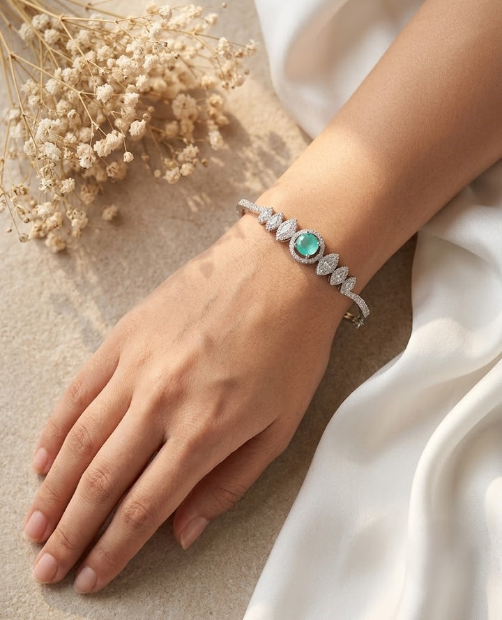 Turquoise Stone Openable AD Bracelet in Silver Polish | Designer Party Wear Kada for Women
