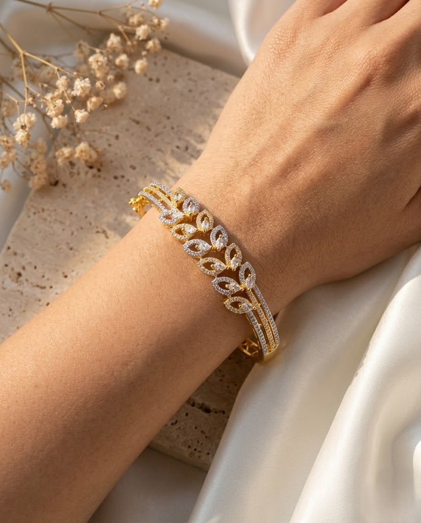 Luxury Diamond Leaf Bracelet in Gold Polish | Openable Designer Bracelet for Women