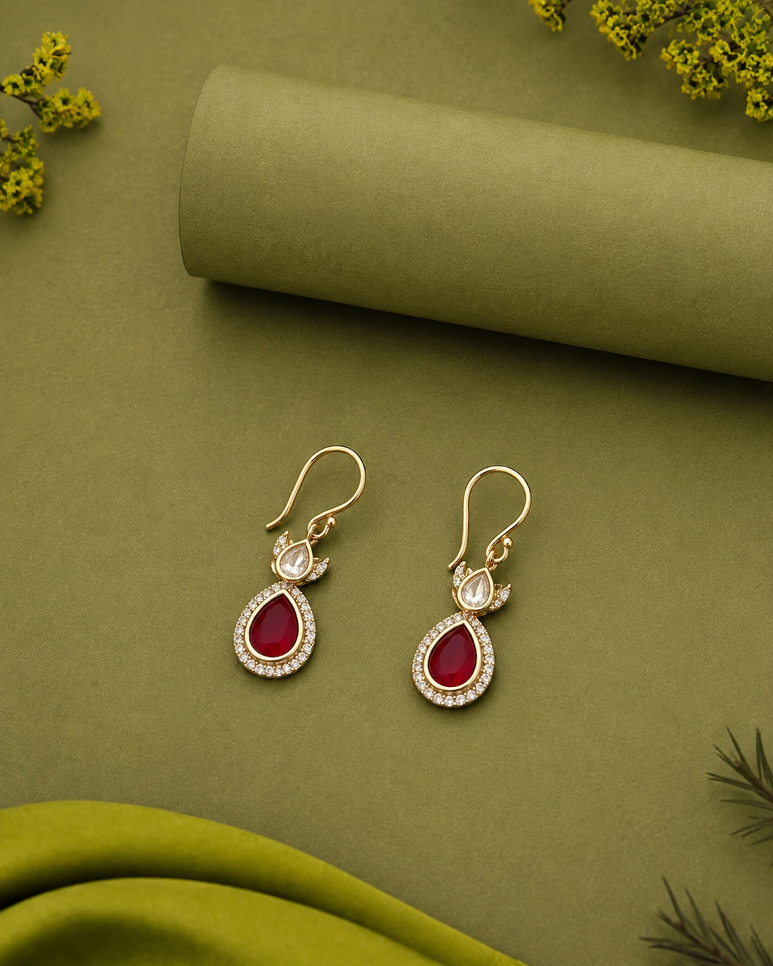 Premium Kundan Teardrop Earrings Green White Red Gold Finish