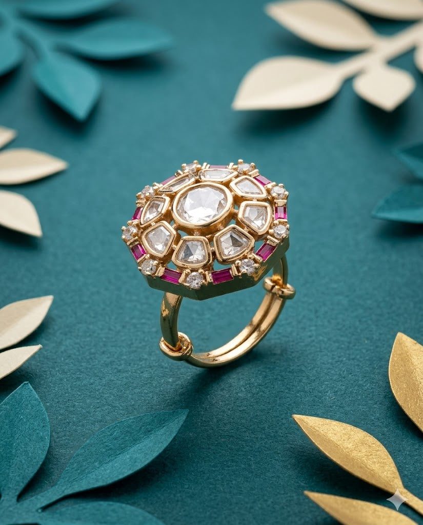 Meherza Kundan Ring for Women Gold Tone Adjustable Floral Statement Ring