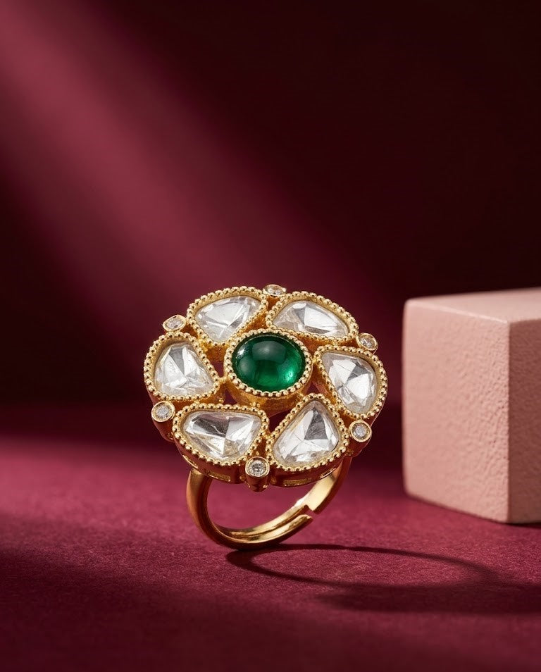 Zarika Emerald Kundan Ring for Women | Adjustable Floral Statement Ring