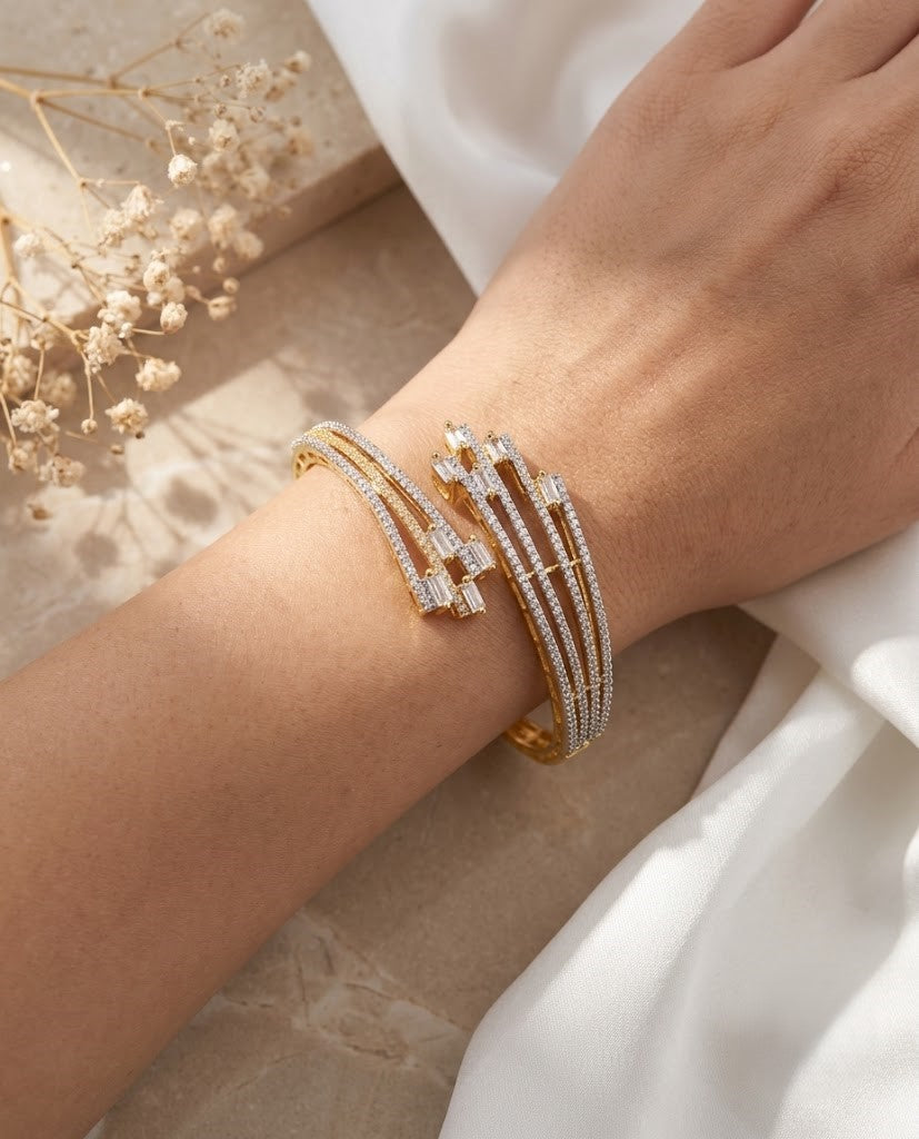 Multi Line Diamond Bracelet in Gold Polish |  Openable Baguette Designer Bracelet for Women