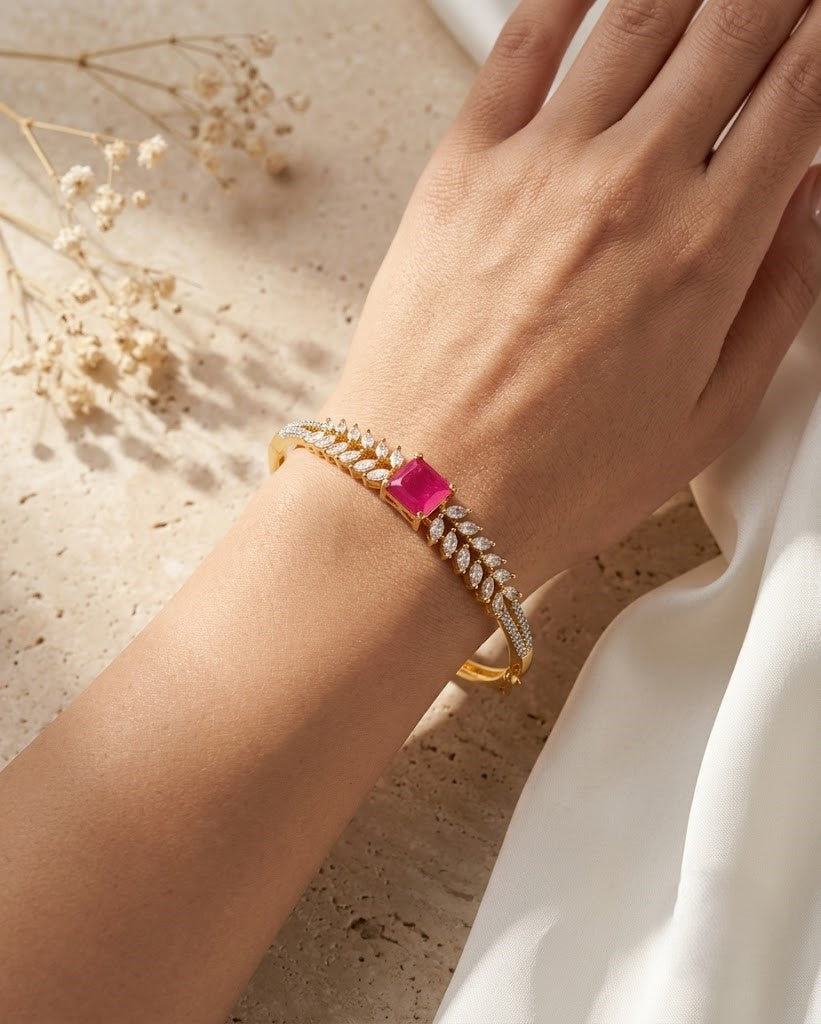 Gold Plated Pink Stone Designer Imitation Bracelet for Women