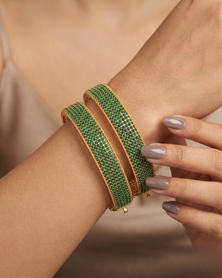 Openable Premium Sparkle Design Emerald Micro Setting Broad Kada Bangles Pair Gold Tone