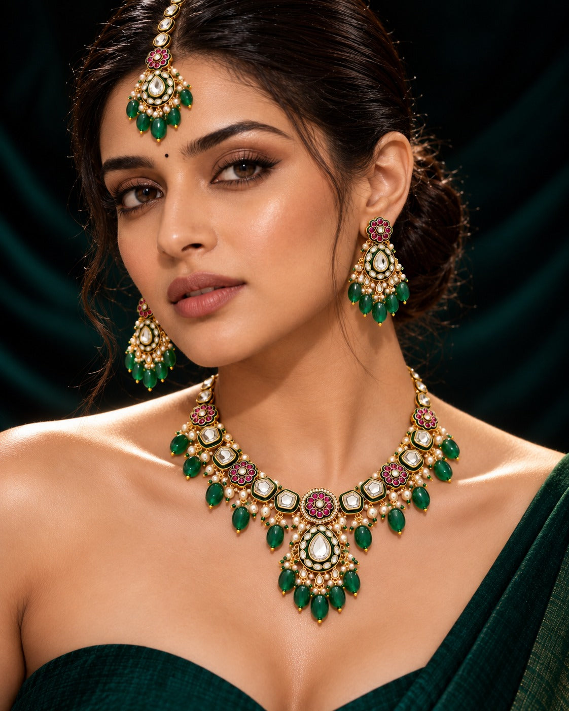 Rajvi Heritage Kundan Green Bead Necklace Set