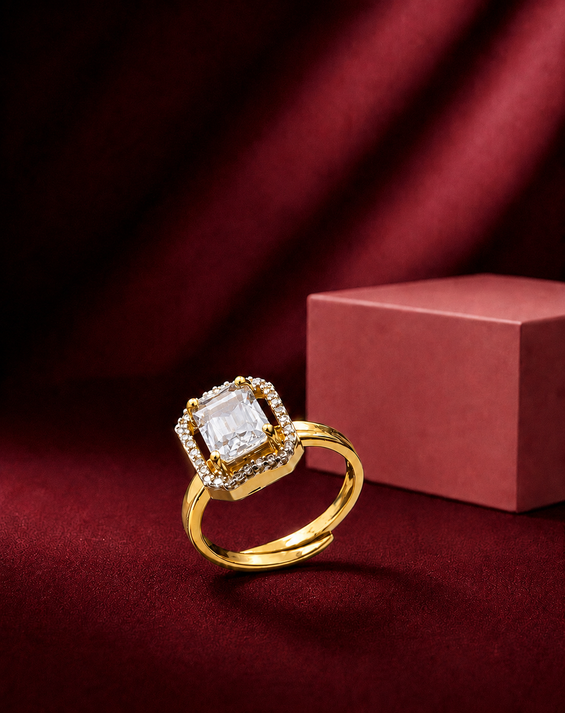 Gold Princess Cut Halo CZ Ring  Solitaire for Women