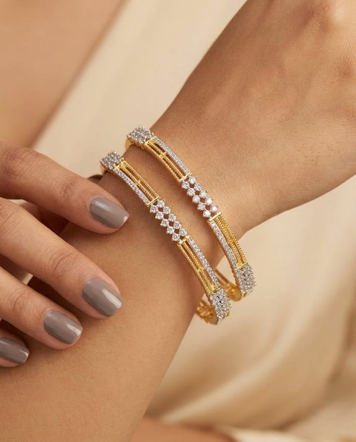 Openable Premium Sparkle Design Diamond Floral Line Bangles Pair Gold Tone